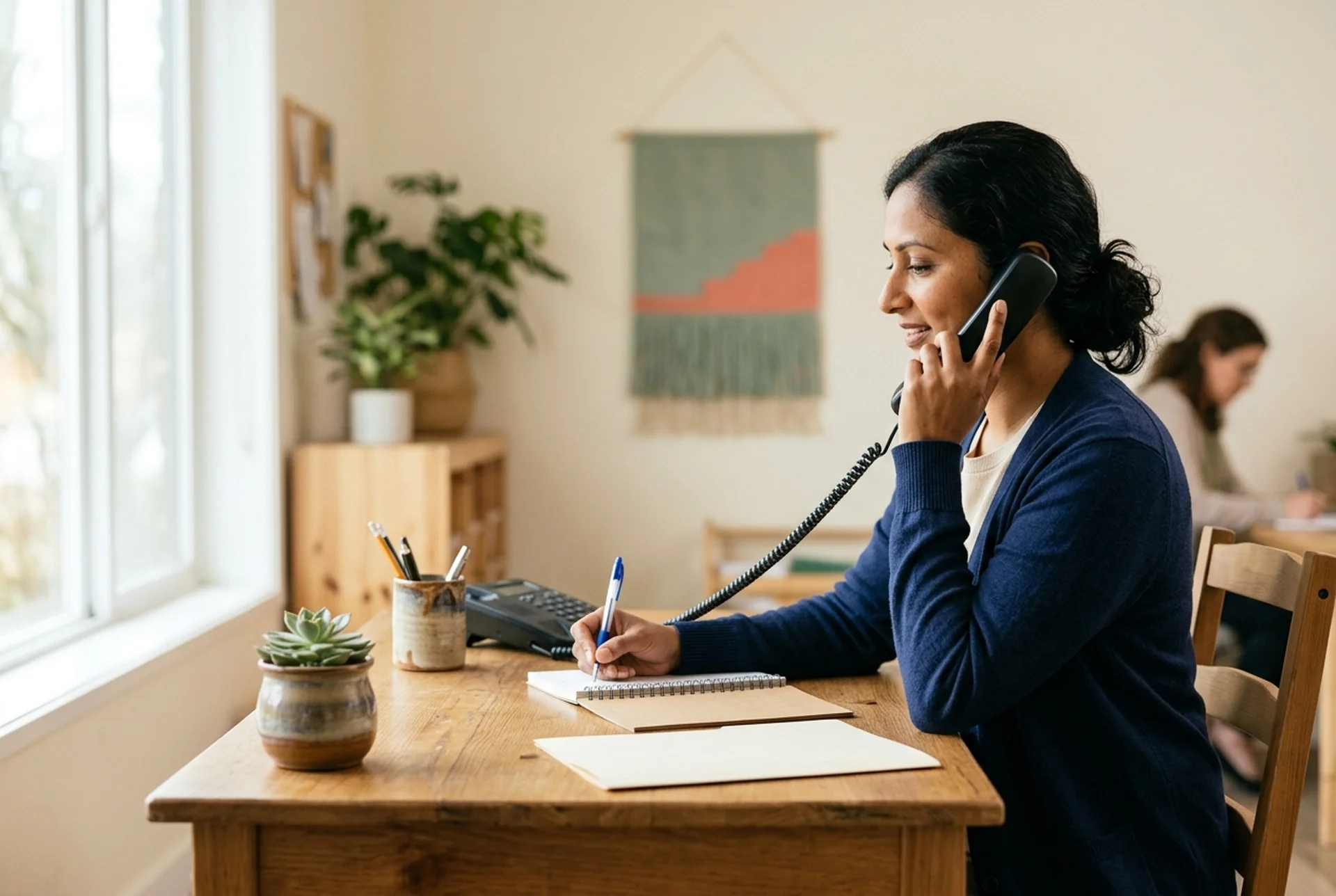 AI-generated illustrative image — Representative school-office scene of an administrator helping a family by phone