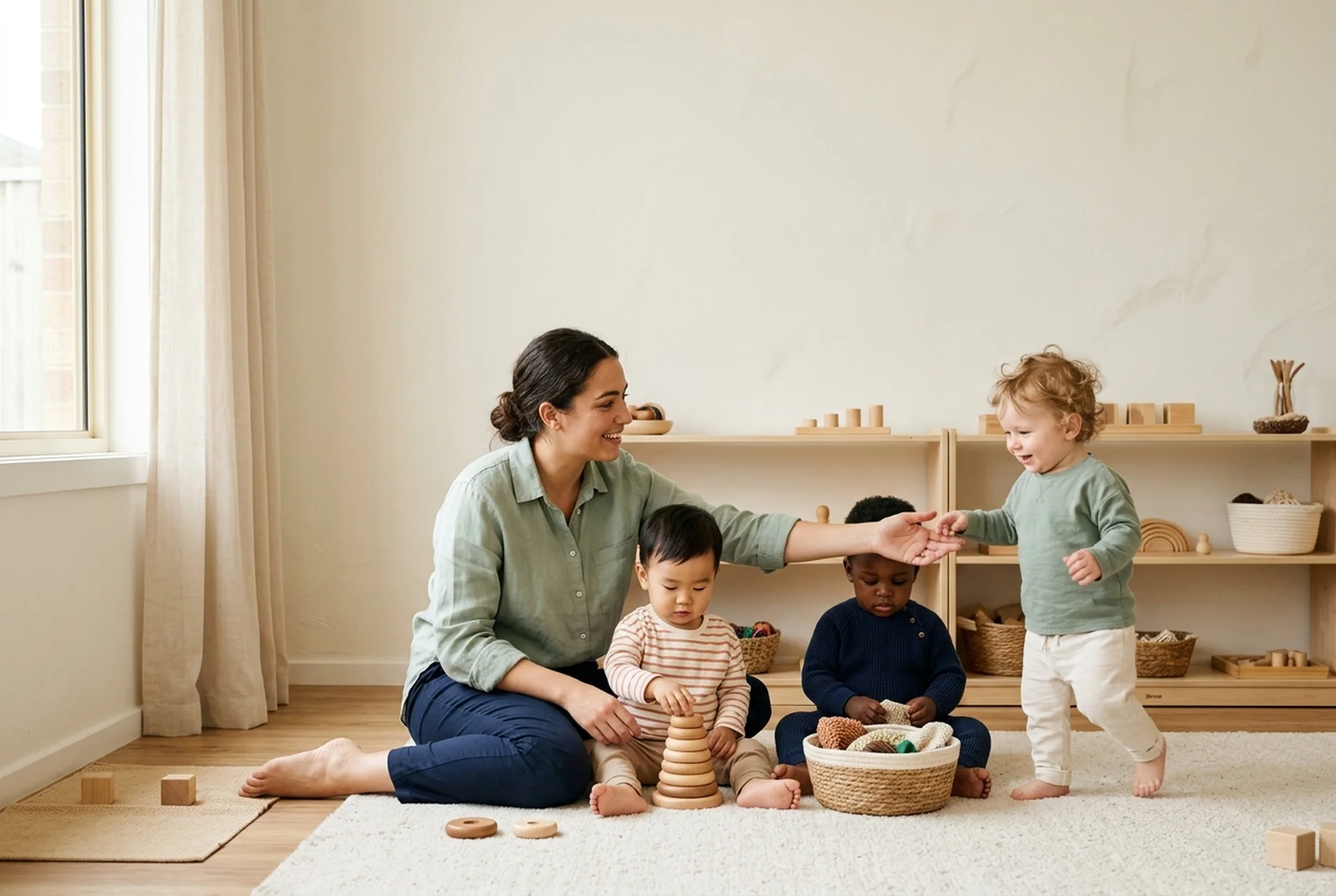 AI-generated illustrative image — Representative classroom scene of three young toddlers exploring with an educator nearby