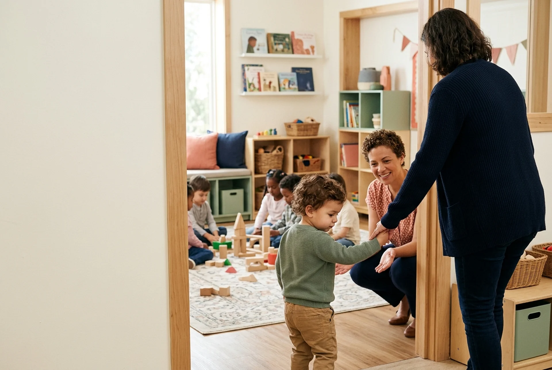 AI-generated illustrative image — Representative school-tour scene of a parent and child receiving a classroom welcome